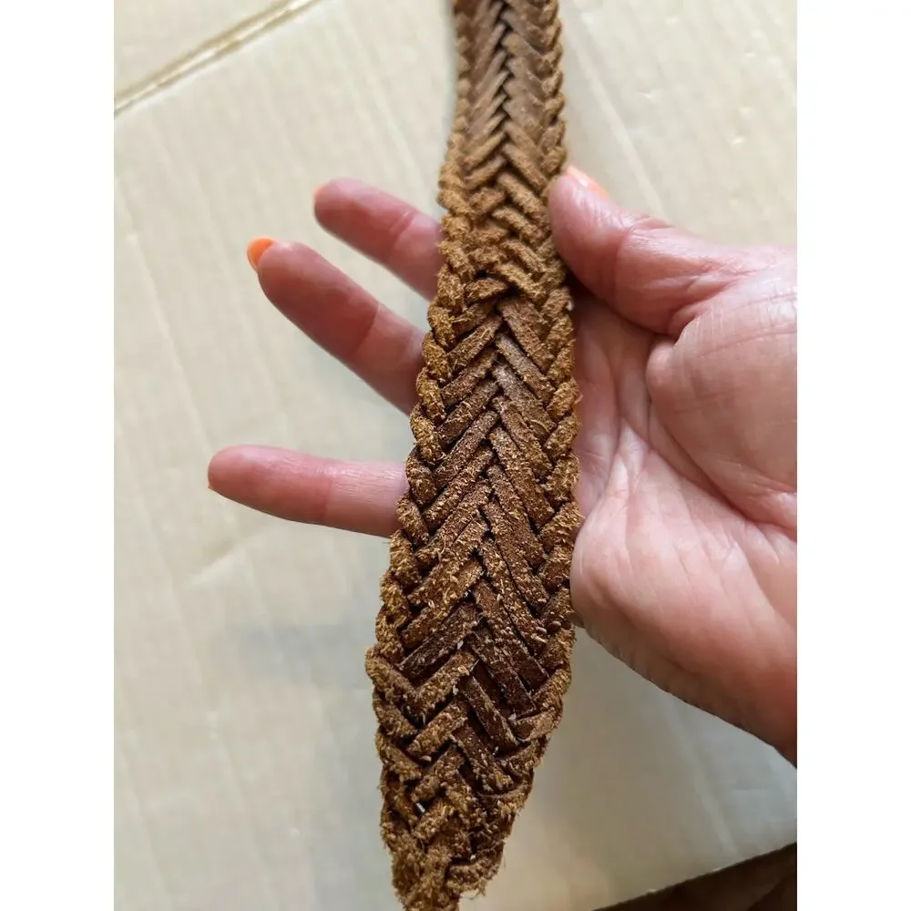 Vtg Mens Braided Belt Brown Variegated Leather Solid Brass Buckle Casual Sz 36